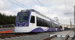 Ahead of Purple Line service launching in 2027, dynamic testing of the CAF-built light rail vehicles is under way. (Photograph Courtesy of MDOT MTA)